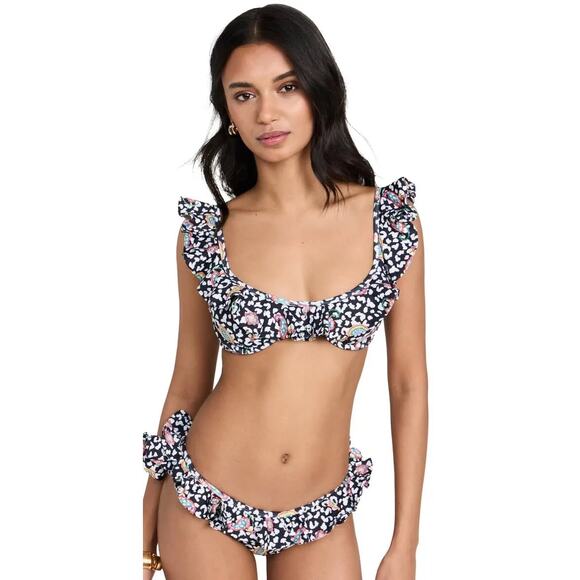 CAROLINE CONSTAS Black White Paisley Leopard Ruffle Anastasia Two-piece Swimsuit - Picture 1 of 13